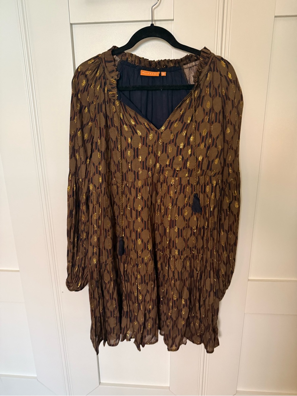 Oliphant Olive Boho Long Sleeve Tiered Dress with Gold Accents